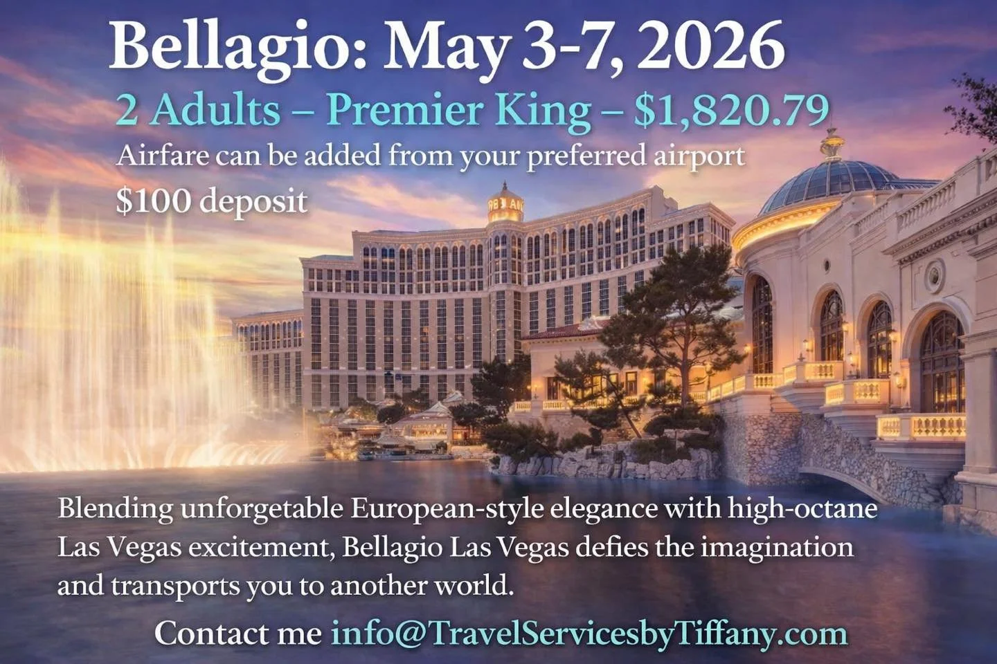 Welcome to Las Vegas-where the lights shine brighter, the nights last longer, and the excitement never stops! 

Stay in luxury at The Bellagio and experience the perfect blend of elegance and high-energy Vegas vibes. Shows, shopping, nightlife, fine 