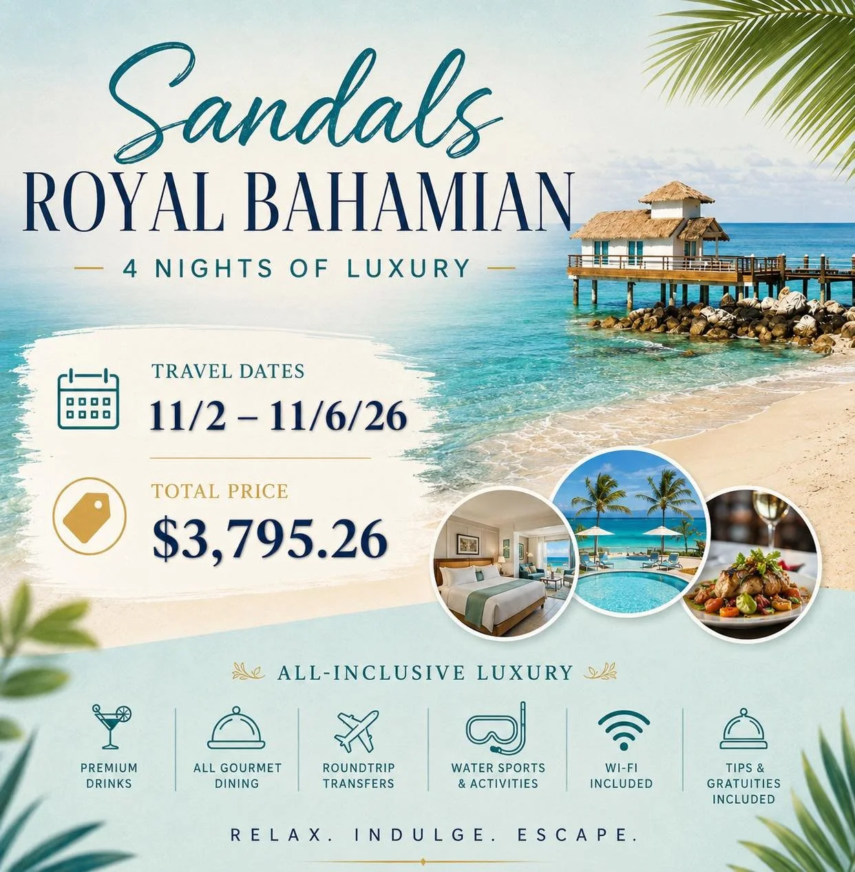 Escape to Sandals Royal Bahamian in the beautiful Bahamas for 4 nights of all-inclusive luxury! 🌊☀️

🏝️ Travel Dates: November 2&ndash;6, 2026
👫 Adults Only
💰 $3,795.26 total for 2 adults

Your stay includes:

🍹 Unlimited premium drinks
🍽️ Unli
