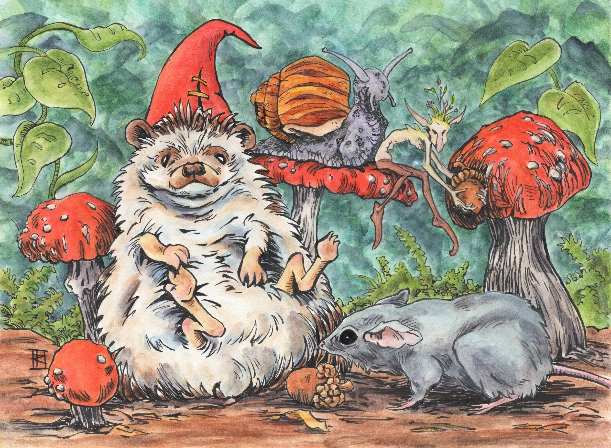 Hedgehog Party - Ink and Watercolor