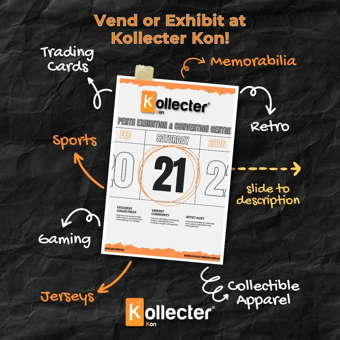 🔶 Vendor & Exhibitor Expressions of Interest Now Open!
Kollecter Kon is Perth’s newest large-scale convention dedicated to trading cards, gaming, sports and collectibles—and we’re calling on vendors and exhibitors to be part o