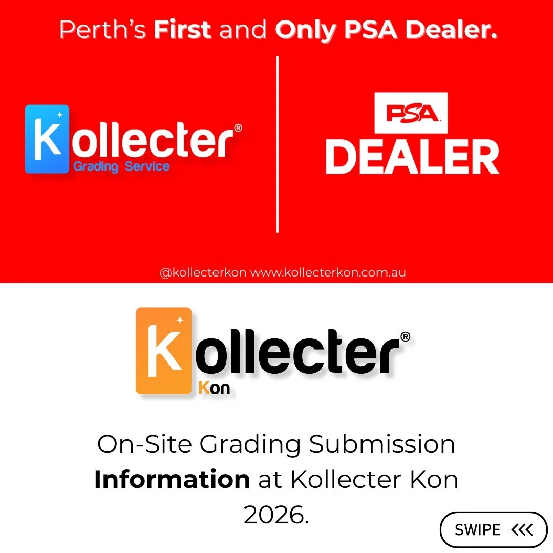 PSA grading submissions will be available on the day at Kollecter Kon!

No bookings required,  just line up and submit in person.

Please swipe through and read all requirements and limits before arriving so the process runs smoothly for everyone.

O