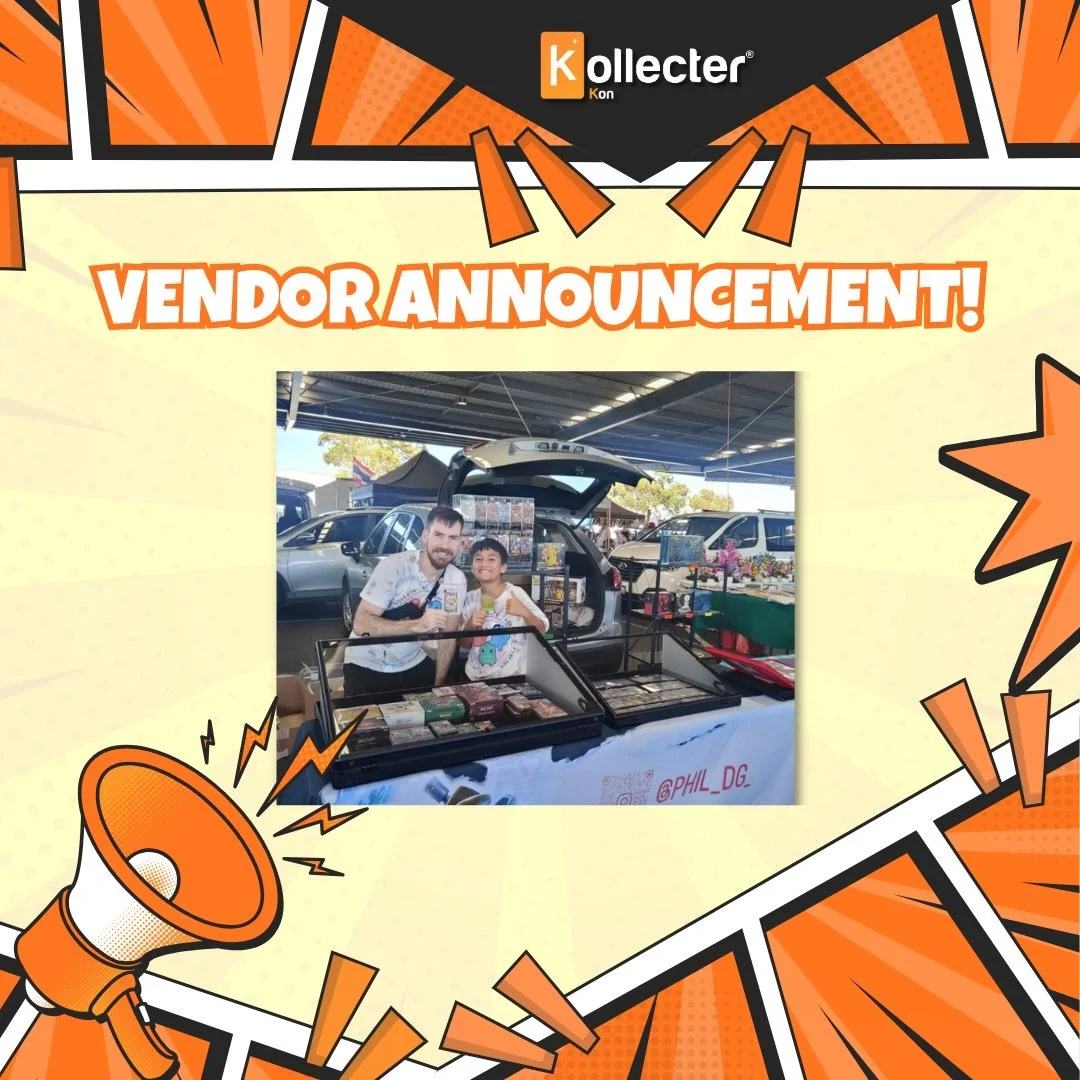 🎉 VENDOR ANNOUNCEMENT 🎉

Last but not the least, please welcome @phil_dg_ and @ihaka_dg_ to Kollecter Kon 2026, bringing a stacked WA TCG table loaded with singles, sealed, and graded cards!

With a strong focus on Pok&eacute;mon, One Piece, and PS