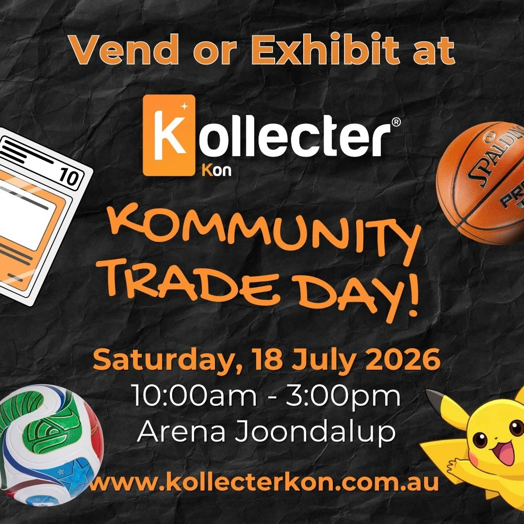 Our trade days are Mega Evolving!

Introducing Kollecter Kommunity Trade Day, our next evolution from in-store trade days into a bigger community event for Perth collectors, traders, vendors and TCG fans.

📍 Arena Joondalup
📅 Saturday, 18 July 2026