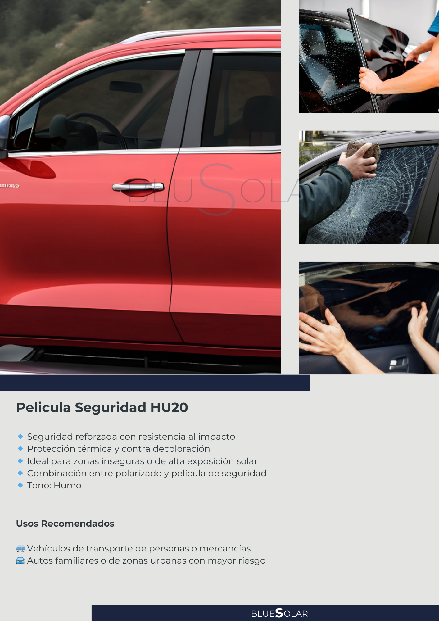 Imágenes de un automóvil con vidrios dañados, incluyendo una puerta con cristales rotos, un limpiacristales, una mano con un martillo y huellas de golpes en ventanas de coche.