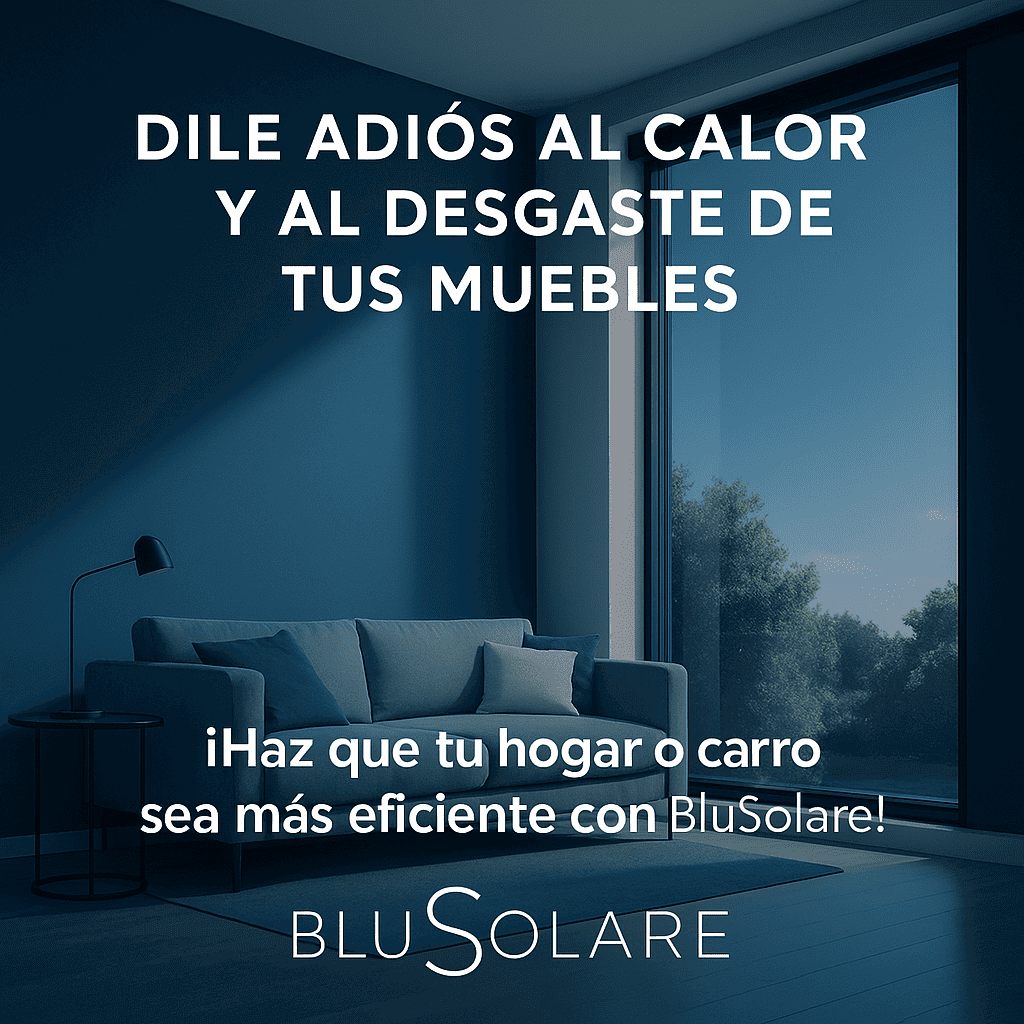 Interior de una sala moderna con sofá y lámpara, con texto en español promoviendo eficiencia energética y protección del ambiente.