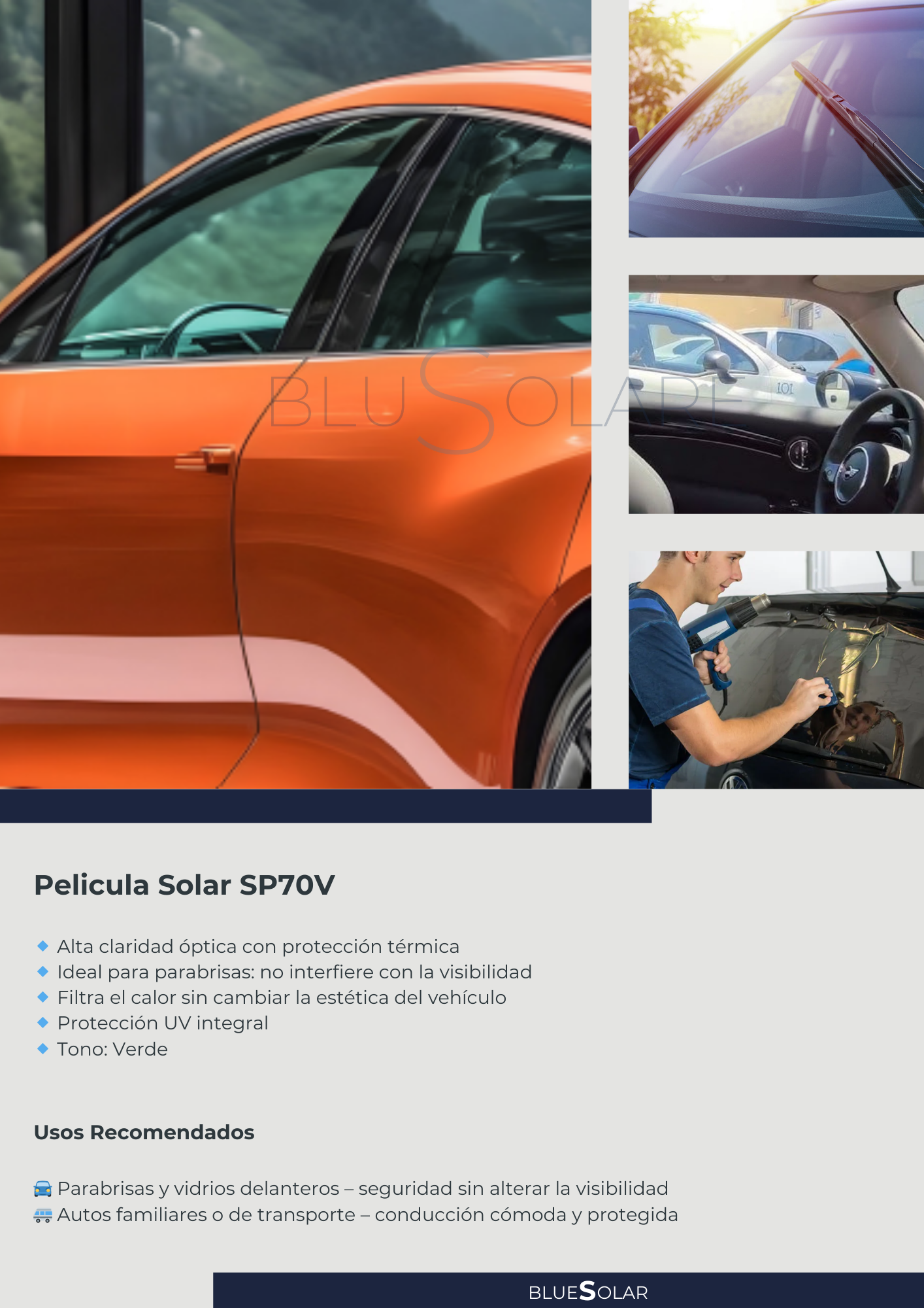Imágenes de un coche naranja con película solar, incluyendo toma de la parte exterior, la parte delantera y el interior, además de un técnico aplicando la película en el parabrisas de un coche.