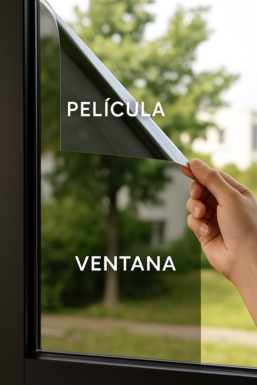 Persona levantando una esquina de una ventana de vidrio con la palabra 'PELÍCULA' en la parte superior y la palabra 'VENTANA' en la parte inferior.
