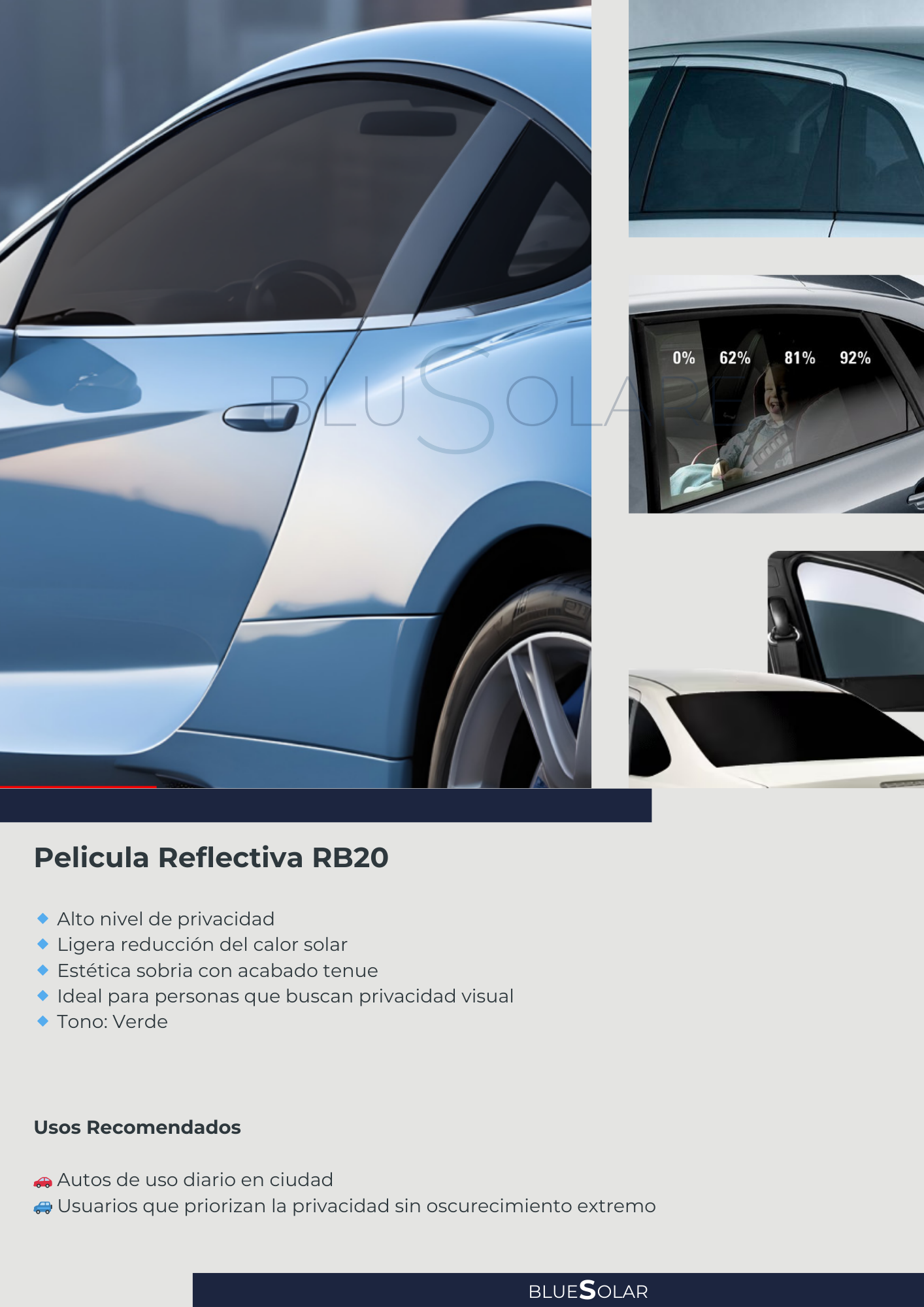 Imagen de varias ventanas de autos con tintado reflectivo, resaltando las propiedades de la película reflectiva RB20, incluyendo privacidad y reducción de calor solar, en varios colores y niveles de opacidad.