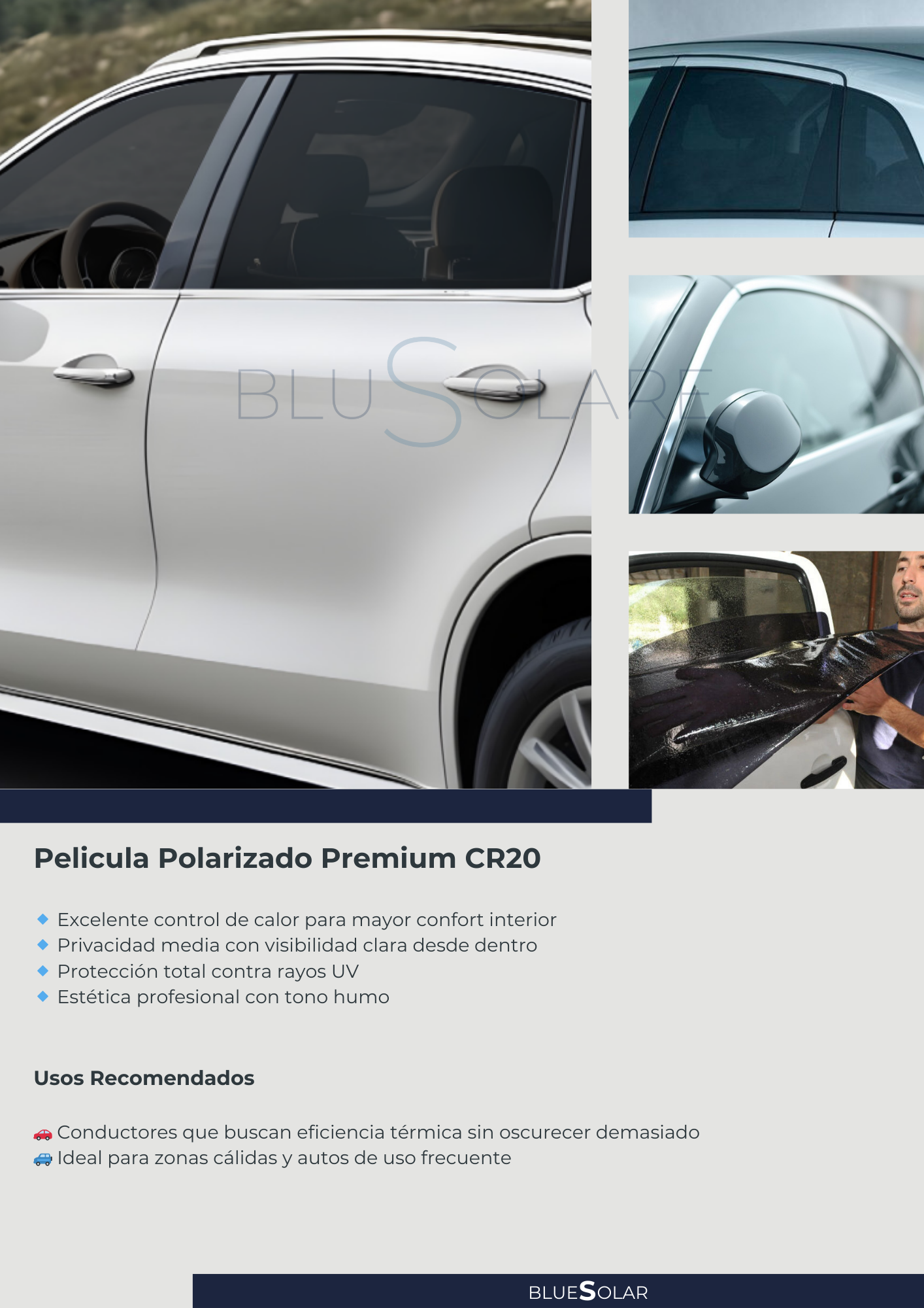 Imágenes de autos y ventanas con protección solar, incluyendo un hombre colocando la película en un automóvil, delgado texto promocional de película polarizada para autos, resaltando beneficios y usos