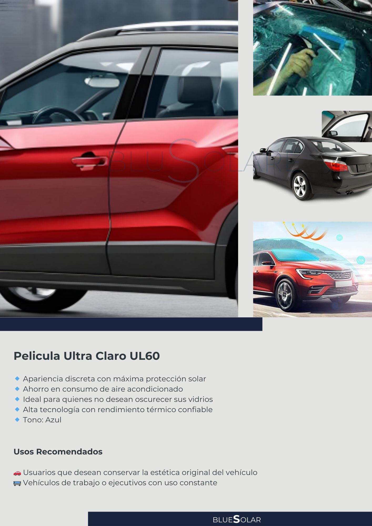 Imágenes de diferentes tipos de ventanas para autos, incluyendo una con película de protección solar, y un automóvil rojo y negro. También hay esquemas que ilustran la protección y eficiencia del uso de películas solares en los autos.