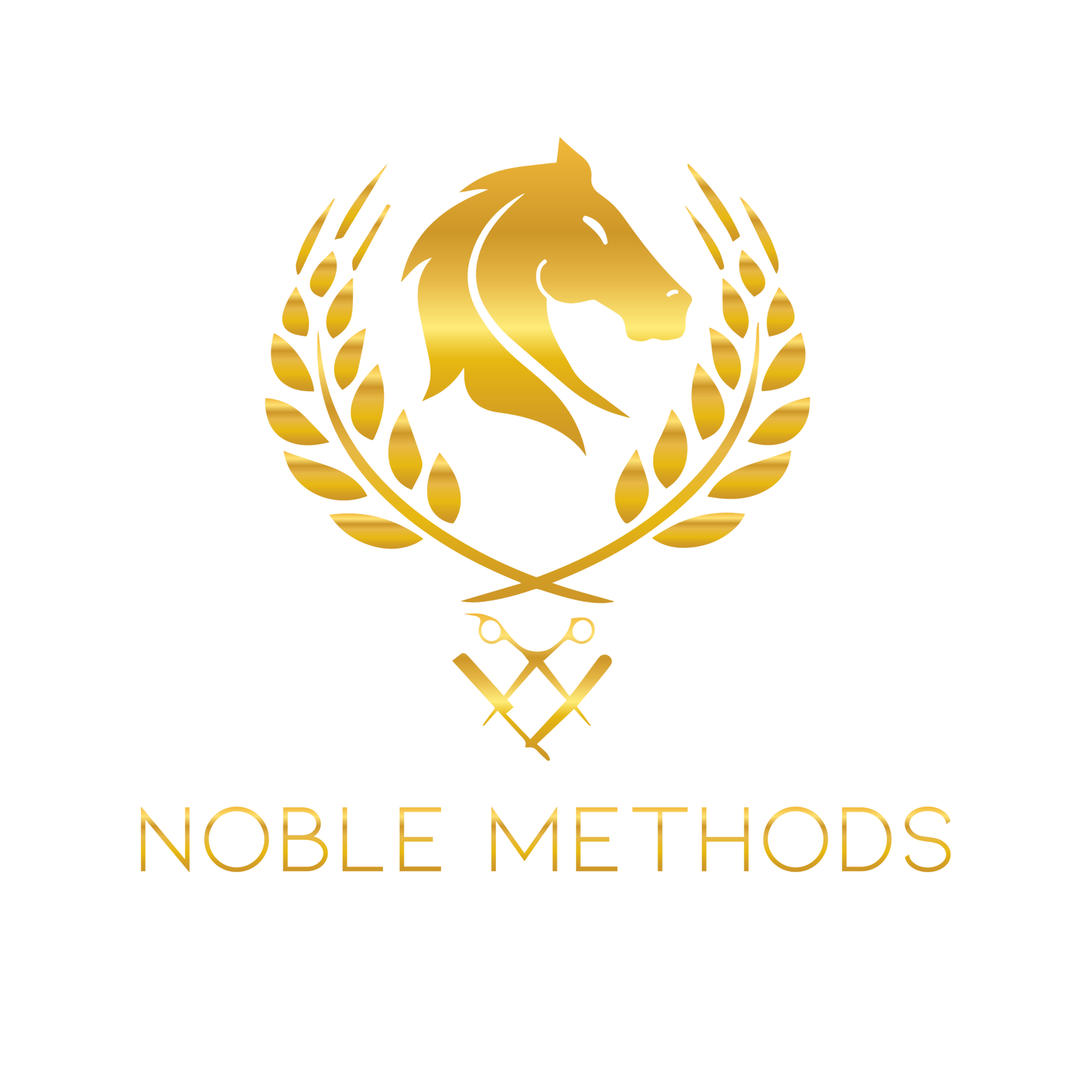 Gold emblem with a lion's head in the center surrounded by a laurel wreath and the text 'Nobel Methods' below.