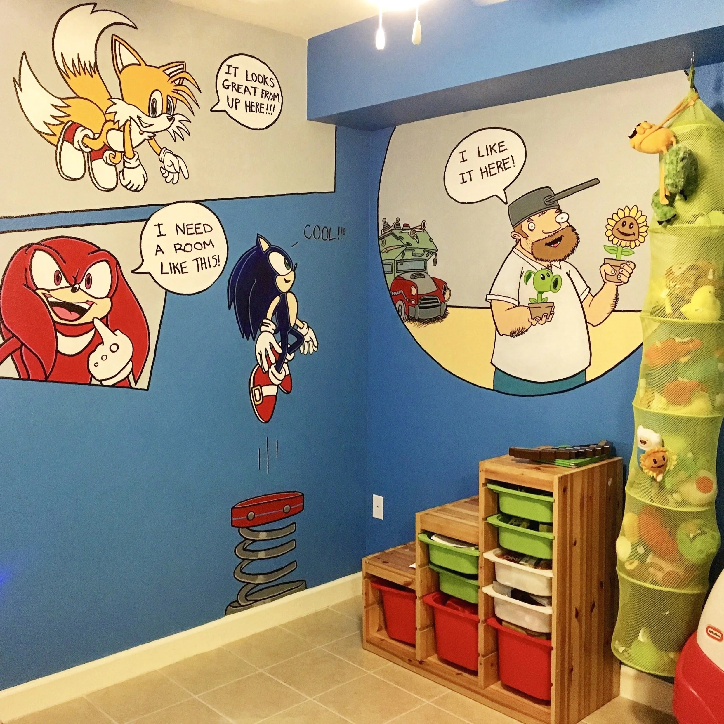 Colorful mural on a blue wall featuring cartoon characters from Sonic the Hedgehog and a man from Plants vs Zombies , with a corner storage unit with colorful bins and a hanging toy organizer in a playroom or child's bedroom.