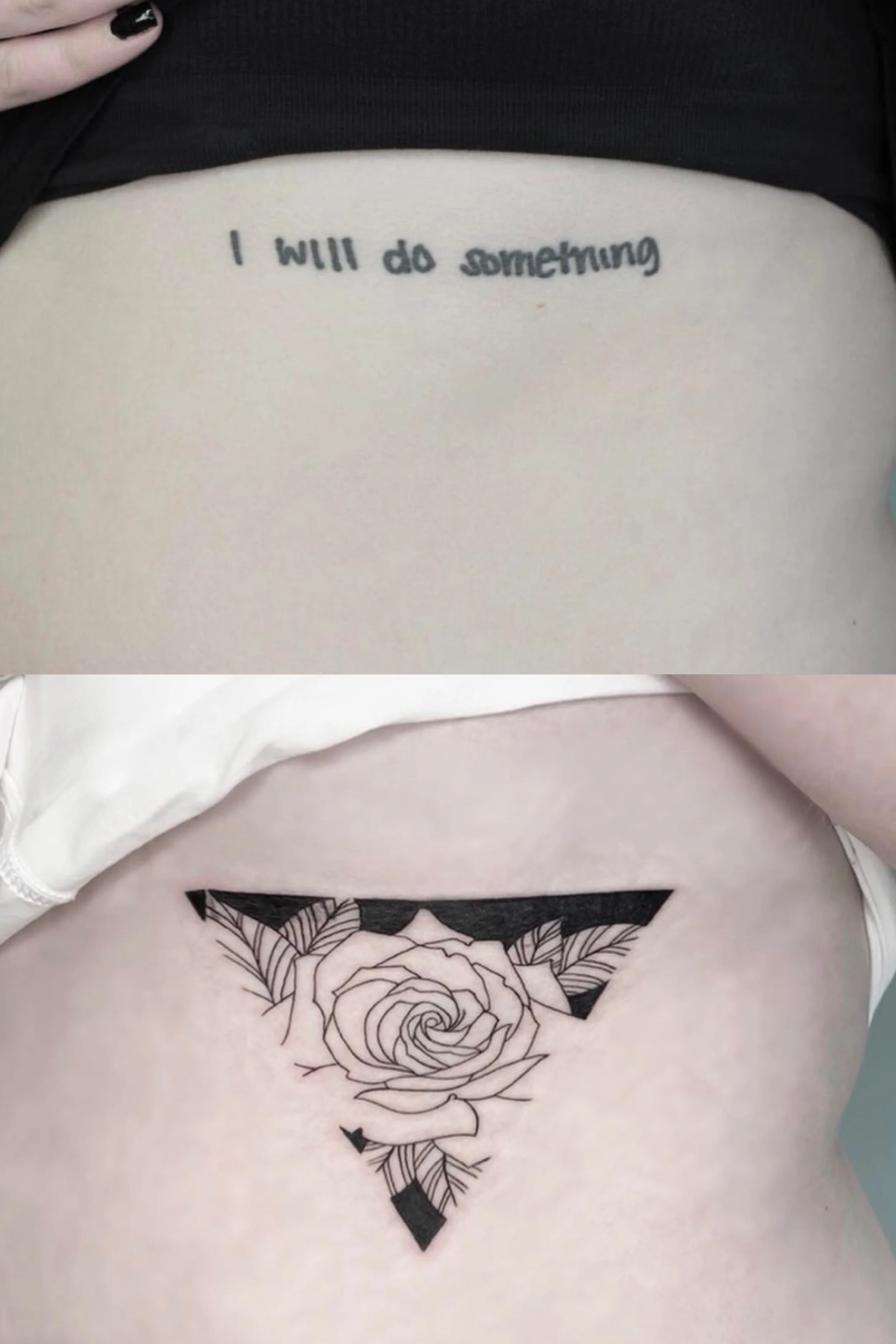 cover up tattoo on woman's ribcage of a black outlined flower
