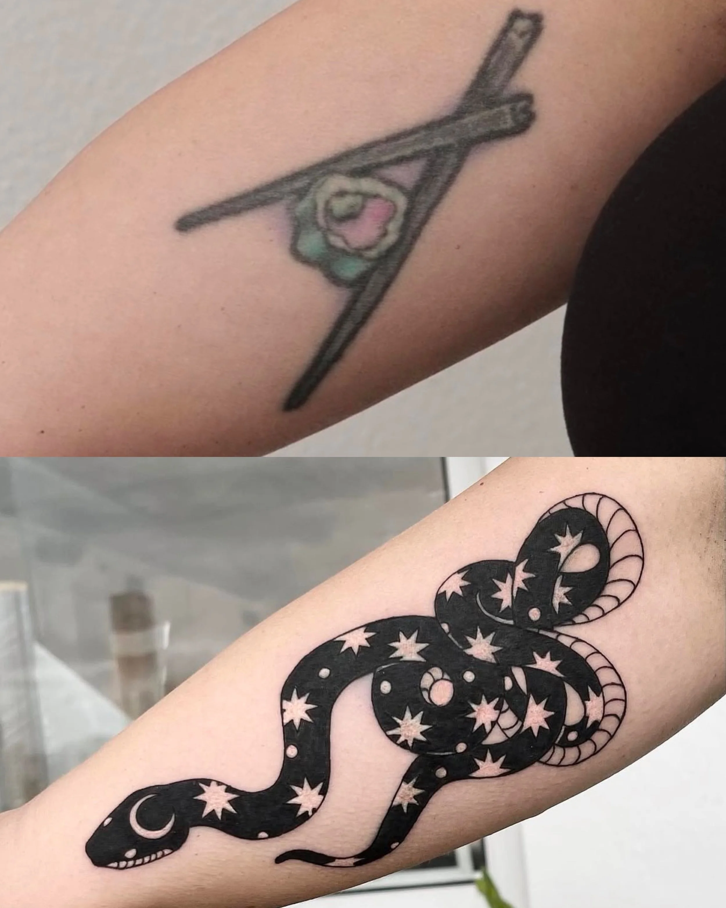 cover up tattoo of a mystical black snake with moon crescent and stars over an old tattoo of chopsticks holding a sushi roll on a woman's inner bicep