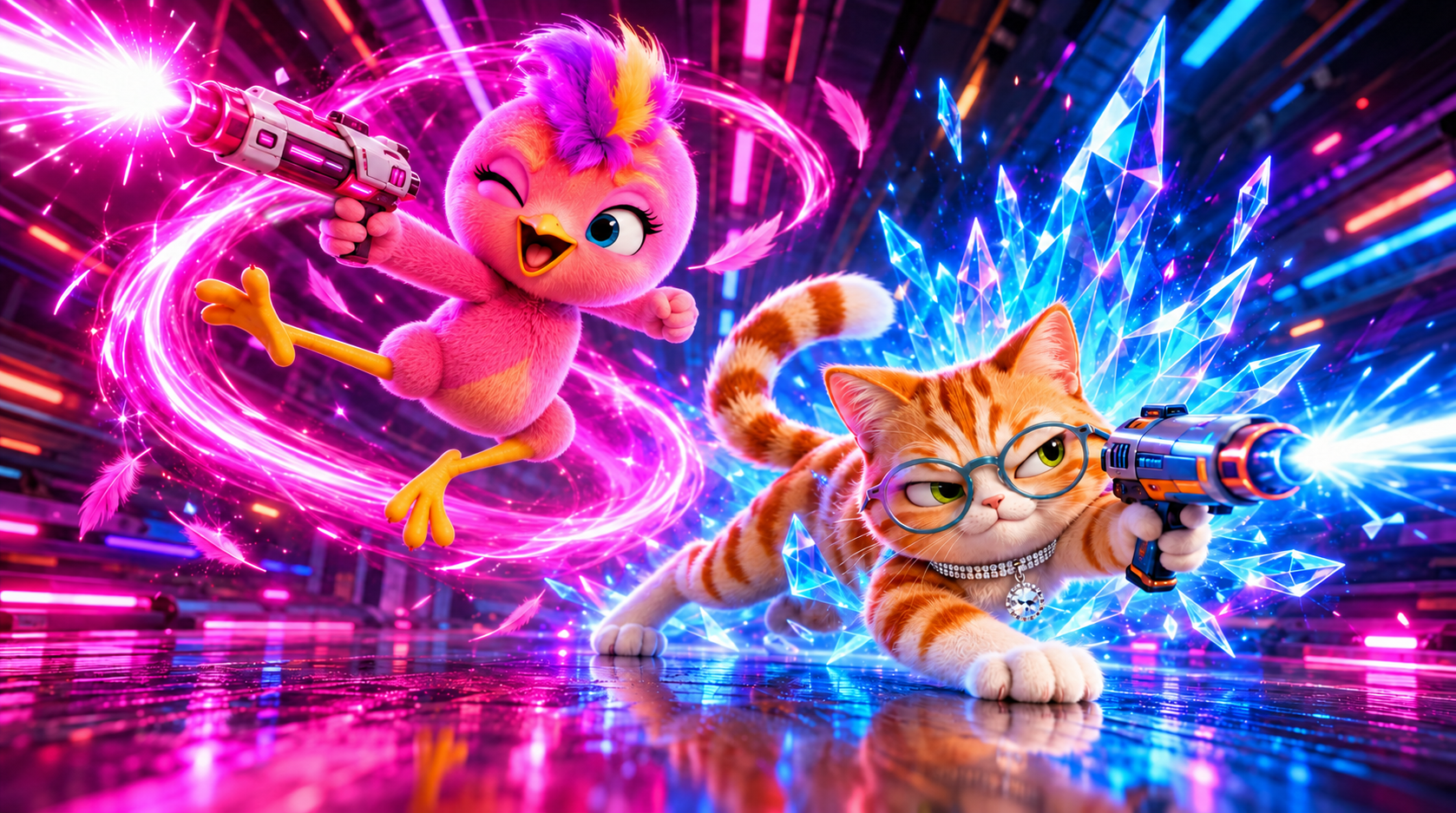 Animated pink bird and orange tabby cat with glasses wield laser guns in a colorful, futuristic setting with digital effects.