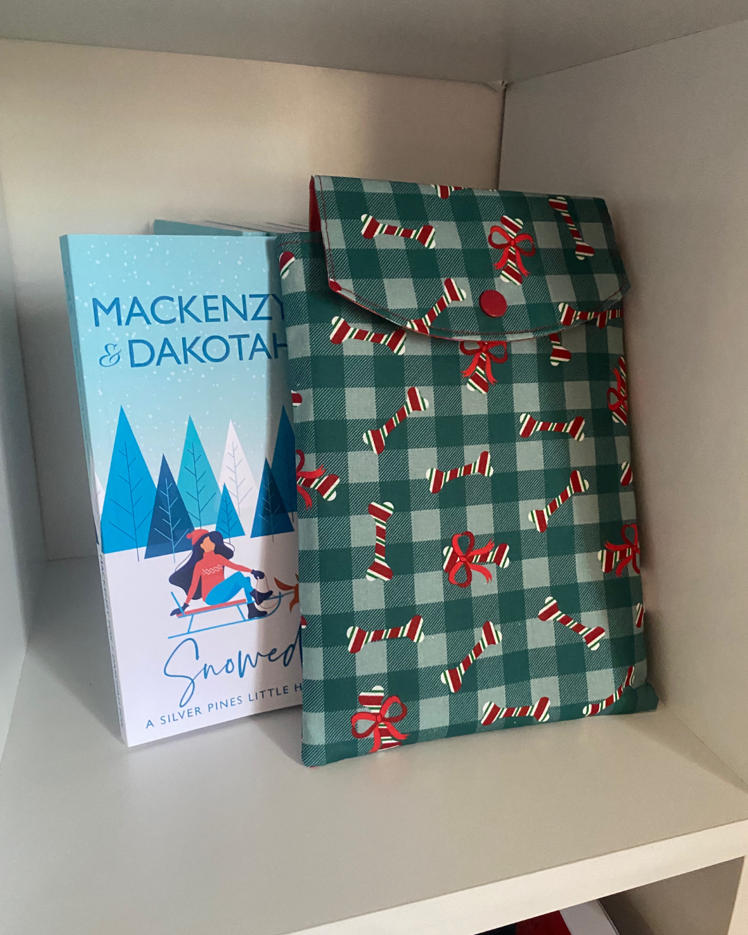 Candy Cane Dogbone n' Paws w/sparkly tartan /e-reader/book sleeve/pouch Small-Med