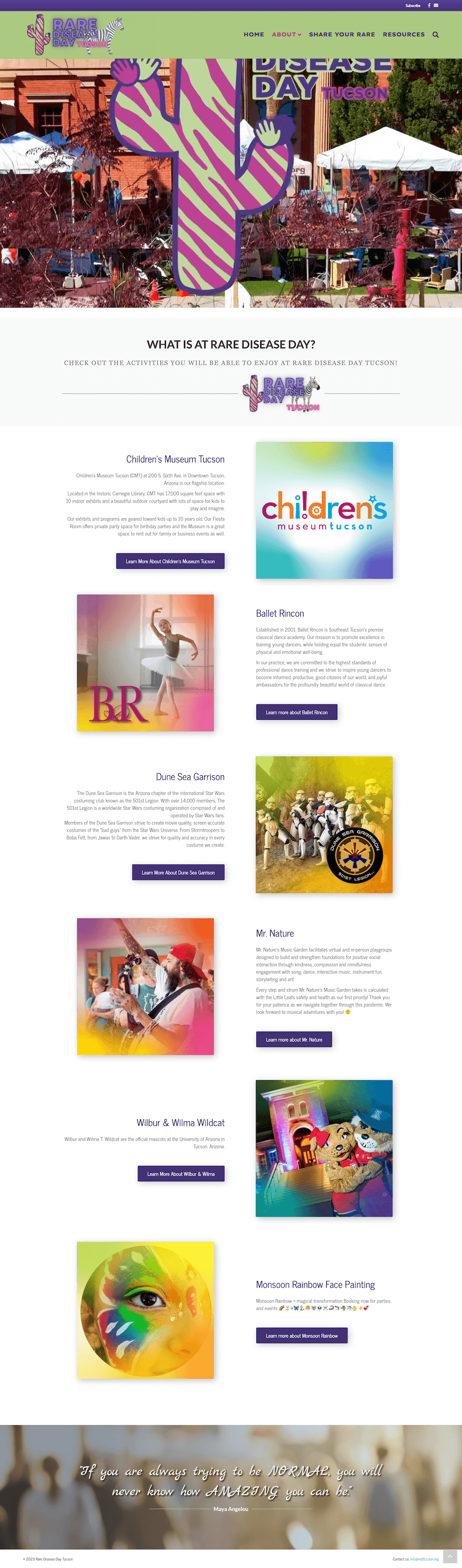 Screenshot of the Rare Disease Day Tucson page titled "About the Day"