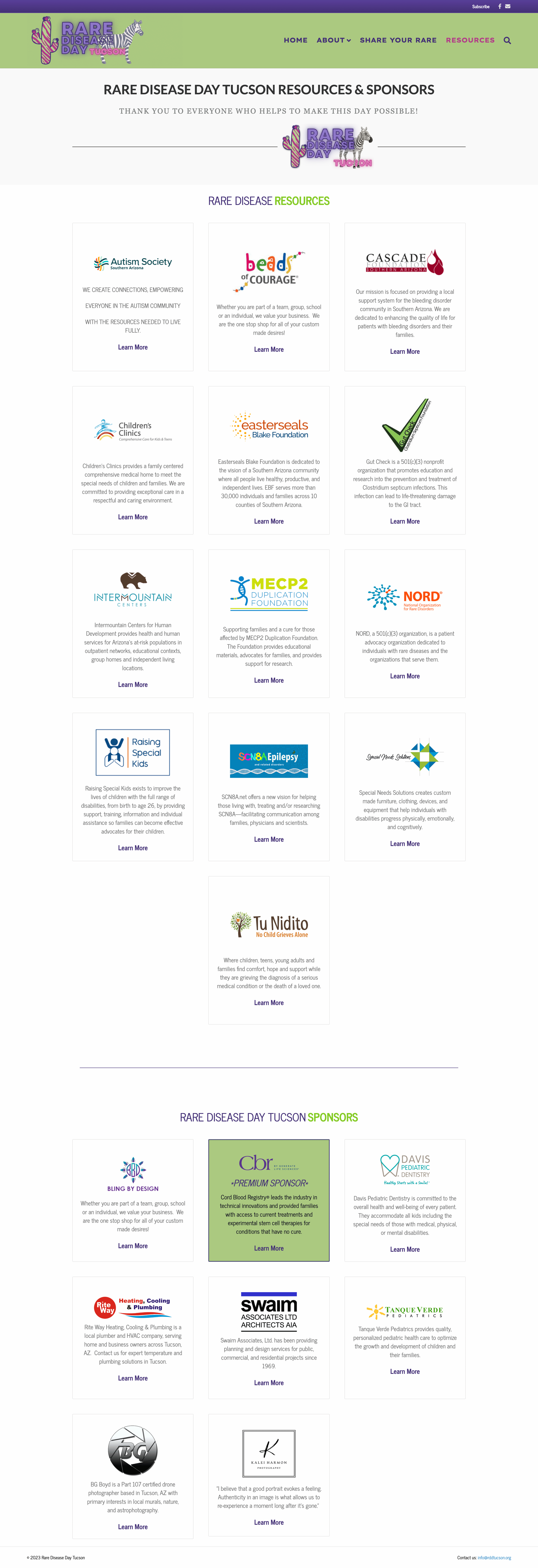 Screenshot of the Rare Disease Day Tucson resources page