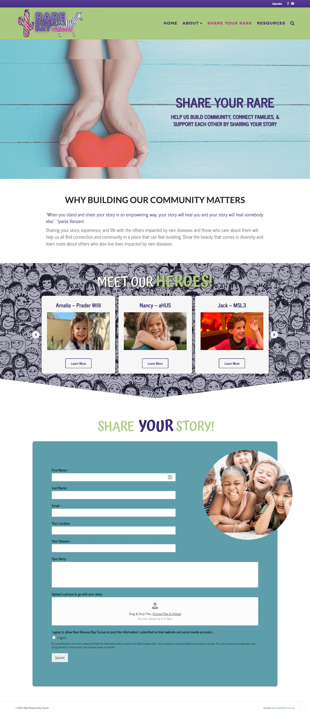 Screenshot of the Rare Disease Day Tucson page where families can share their stories