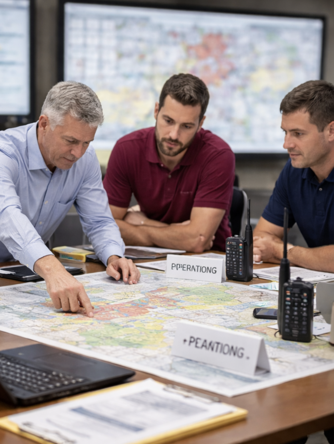 Three men are studying a large map on a table in a room with a map of the United States on a wall in the background.