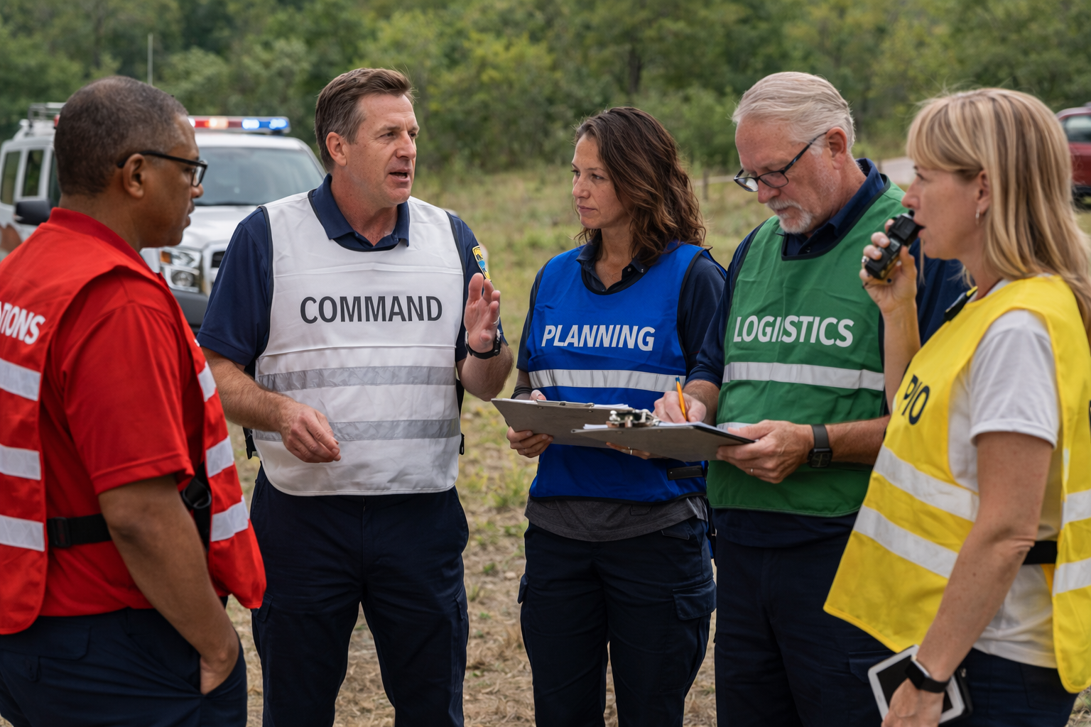 Group of emergency management officials having a briefing outdoors during a response effort, with vehicles and greenery in the background.
