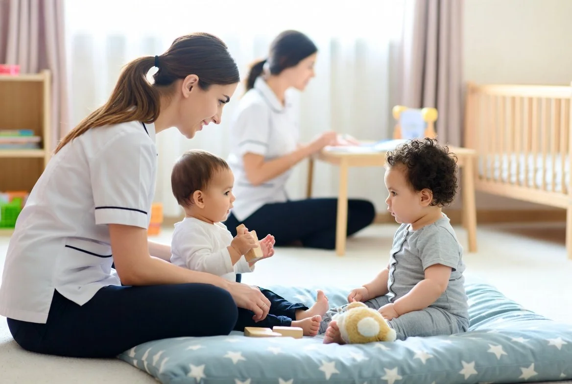 A caregiver playing with two small children on a soft mat in a nursery, with a crib and a small table in the background.