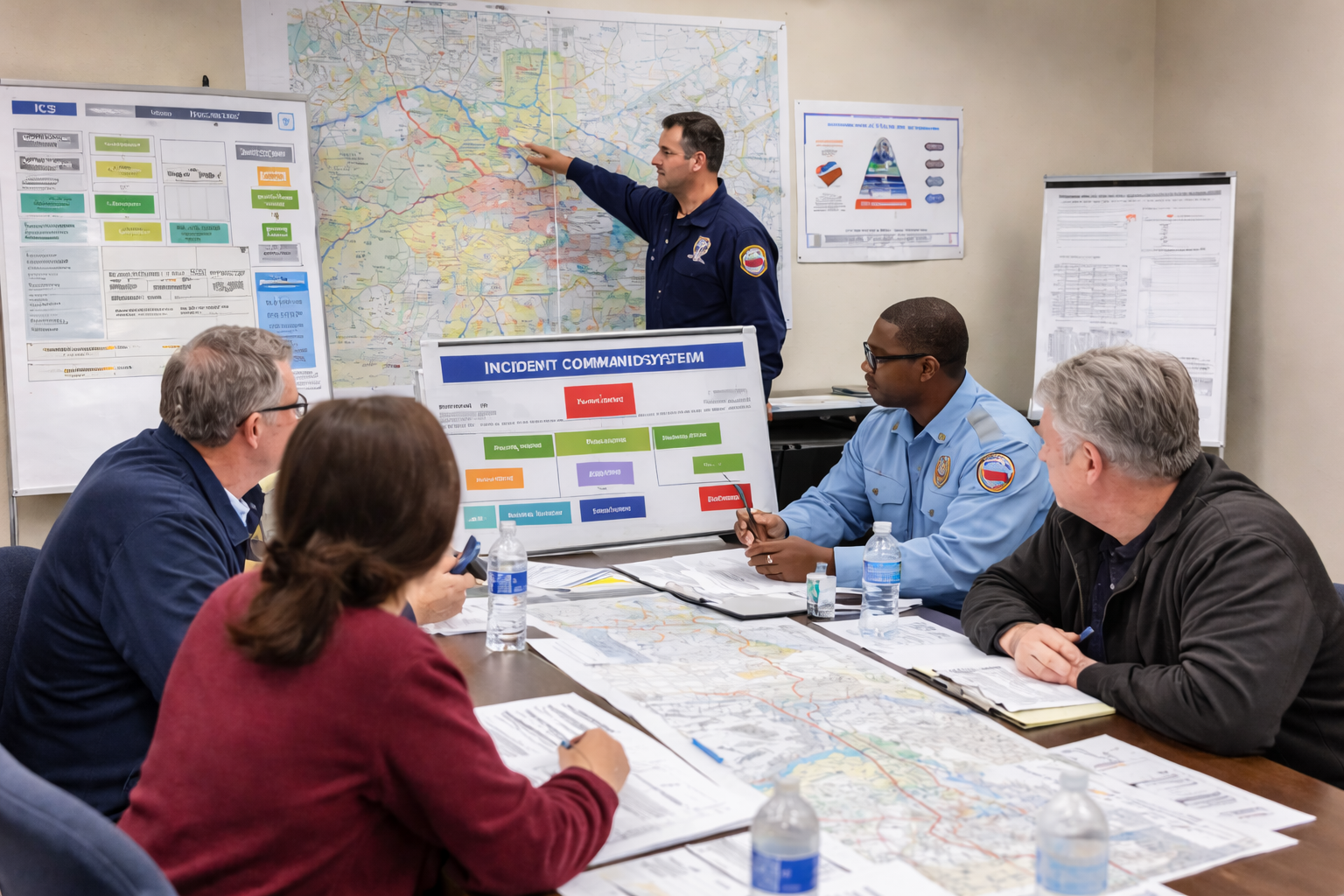 A group of emergency response team members in a meeting room, reviewing maps and incident command charts, with a police officer at the front pointing at a large city map on the wall.