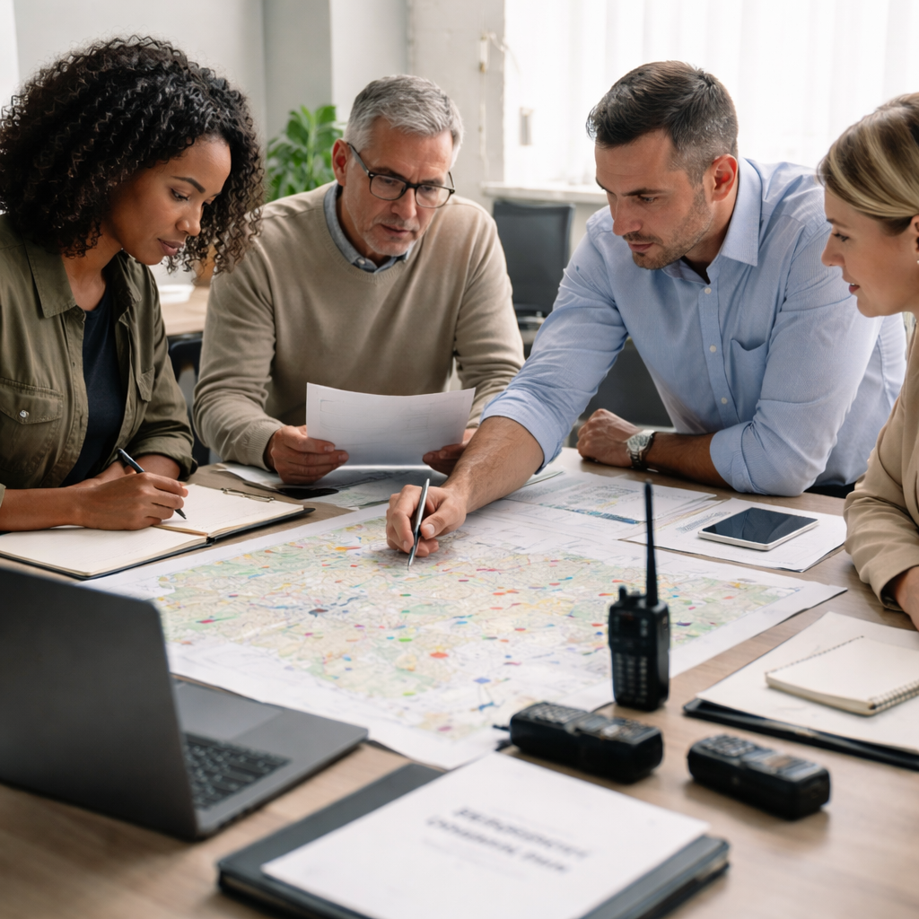 Group of five professionals gathered around a table, reviewing maps, documents, and discussing a project.
