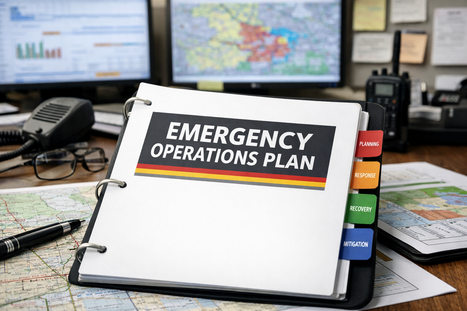 Desk with emergency operations plan binder, maps, pen, and communication equipment, with two computer monitors displaying graphs and maps in the background.