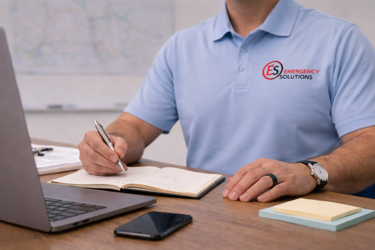 Person in a light blue polo shirt with 'Emergency Solutions' logo, sitting at a desk with a laptop, taking notes in a notebook, with a smartphone and sticky notes nearby.