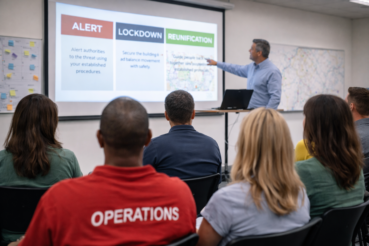 A classroom or training room where a man is giving a presentation to a group of diverse adults sitting in chairs. The presentation slide on the screen shows three sections labeled ALERT, LOCKDOWN, and REUNIFICATION with brief descriptions.