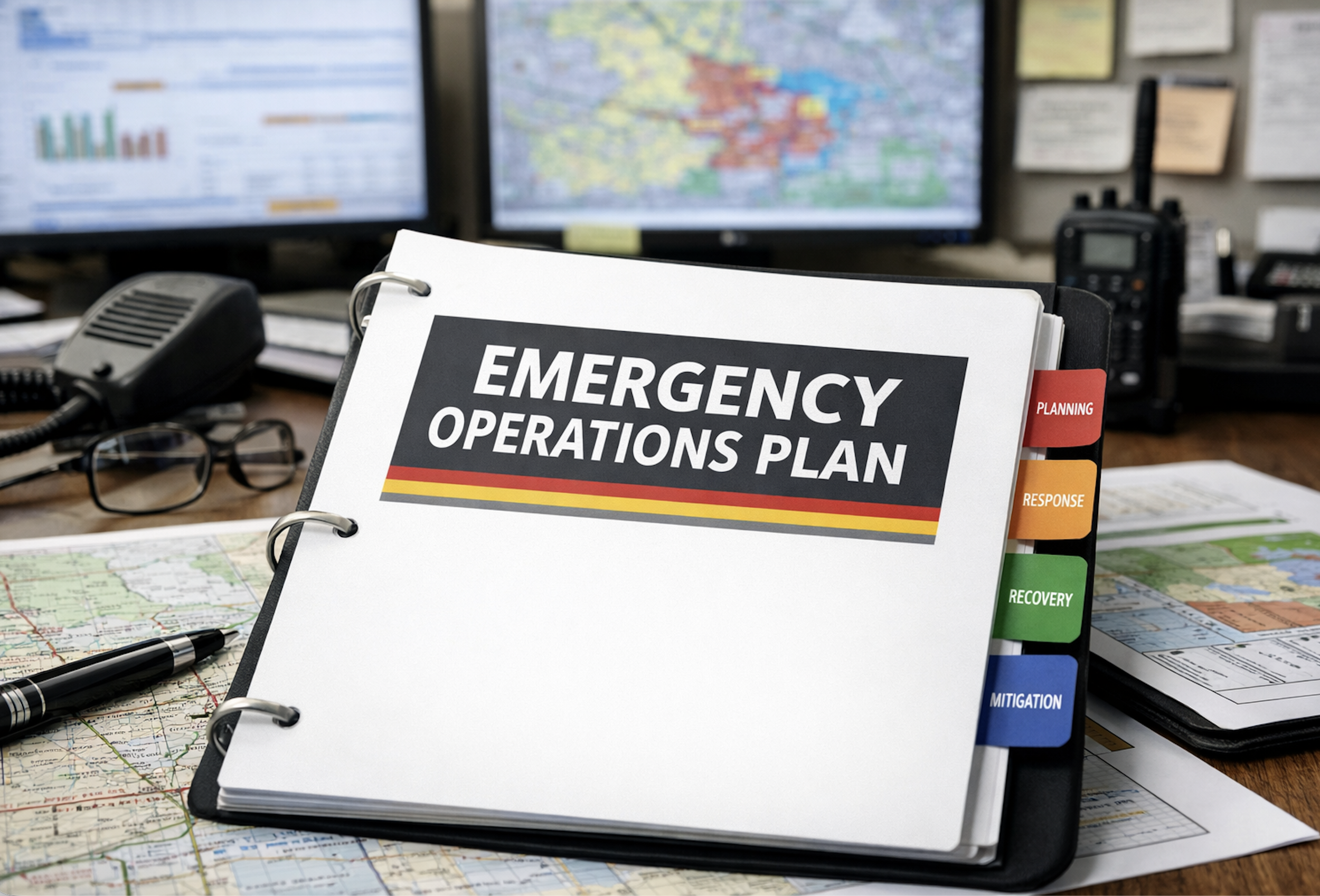 Desk with an emergency operations plan binder, maps, a pen, glasses, and radio equipment, with computer monitors displaying maps and data in the background.
