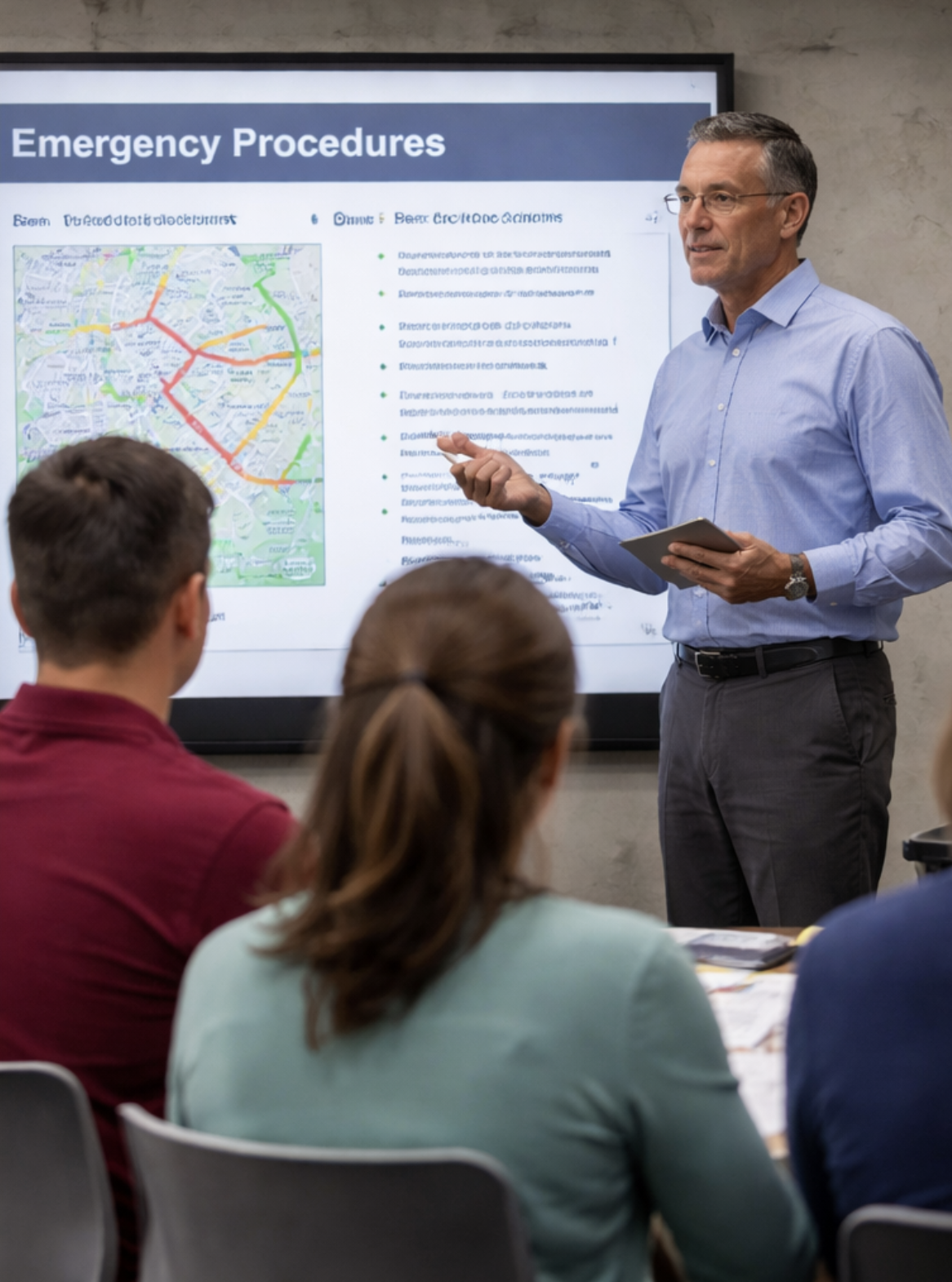 A man in a blue shirt giving a presentation on emergency procedures to a group of people in a meeting room, with a digital map and information on the screen behind him.