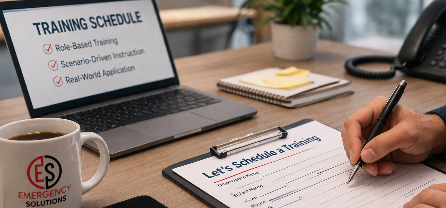 A desk with a laptop displaying a training schedule, a hand filling out a training registration form on a clipboard, a coffee mug with a company logo, a phone, a plant, and a notebook.