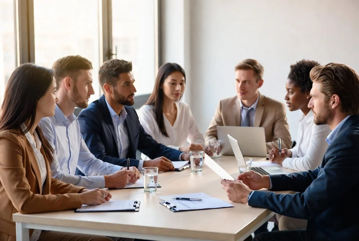 A diverse group of eight professionals sitting around a conference table during a meeting in a bright office.