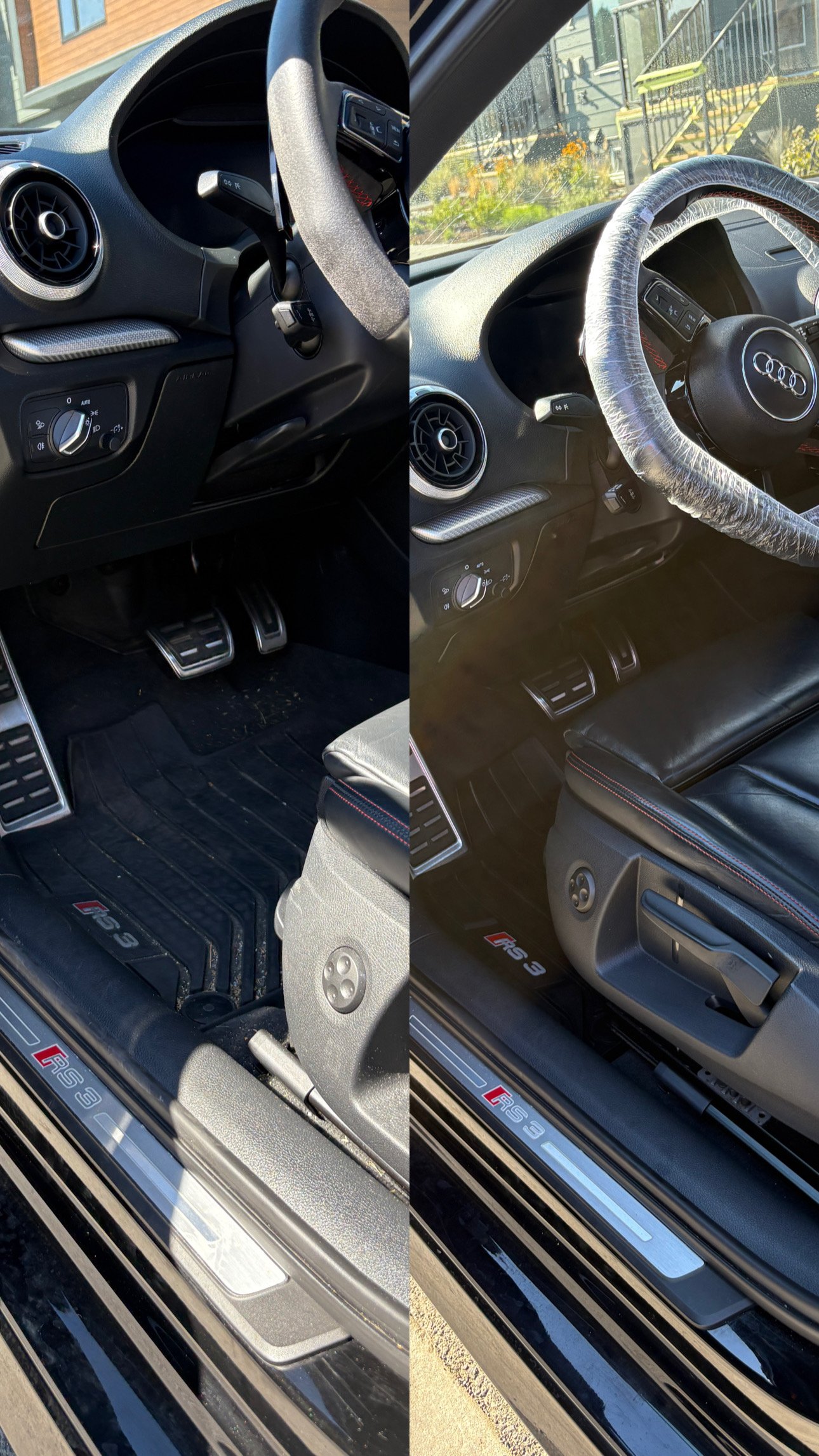 Side-by-side comparison of car interiors showing the driver's side. Both images feature black leather seats, Audi steering wheels, and
