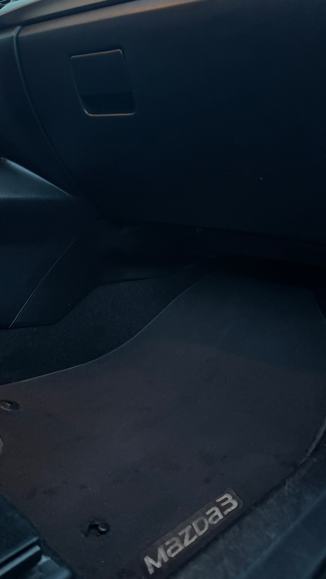 The photo shows the interior of a car, specifically the passenger side footwell area, including a black floor mat with the word 'REZAY' embroidered on it.