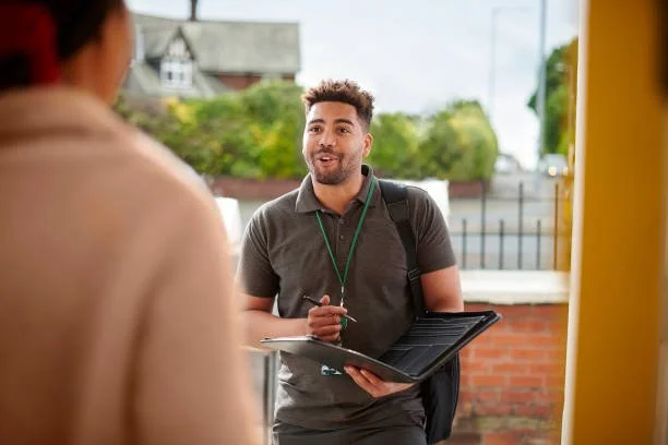 A man with a beard and short curly hair, wearing a dark gray polo shirt, holding a clipboard, talking to a woman outside near a brick wall. The woman is partially visible, wearing a pink coat.