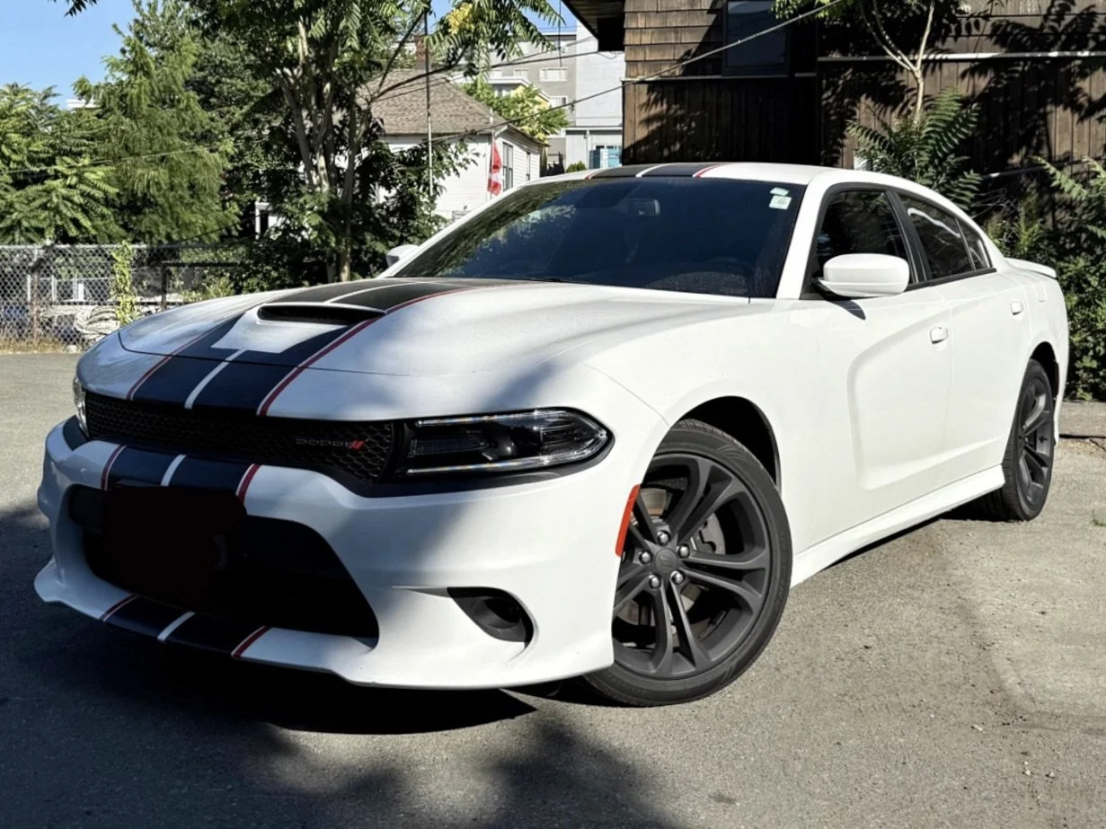 White Dodge Charger sports sedan with black and red racing stripes, parked outdoors near a fence and green trees.