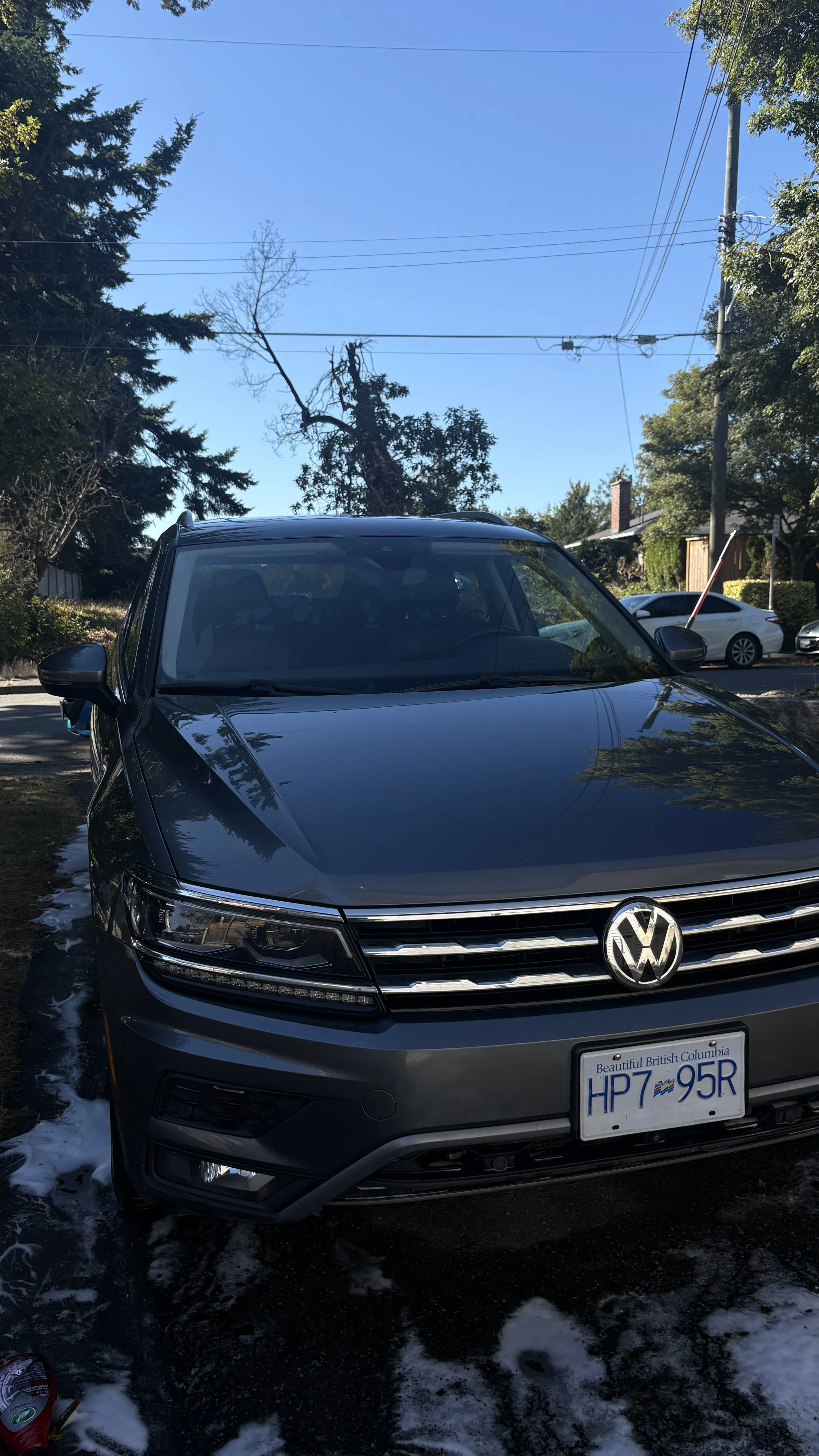 A dark gray Volkswagen SUV parked on a residential street with trees and power lines in the background on a clear, sunny day.