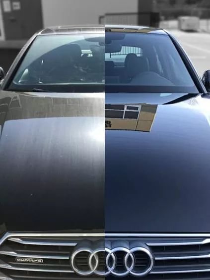 A split image of an Audi car's front, showing the left side with a matte finish and the right side with a glossy finish, highlighting the different surface textures.