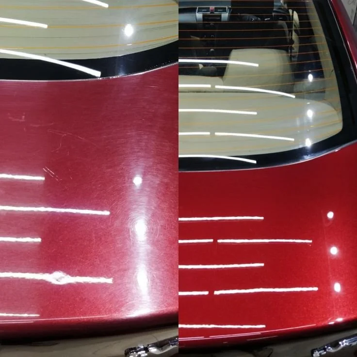Comparison of the front hood of a red car before and after polishing, showing a significant reduction in scratches and increased shine on the after side.