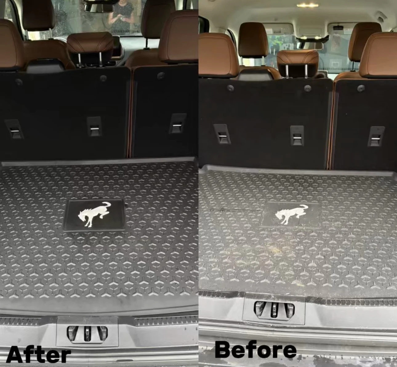 Comparison of the car trunk floor before and after cleaning. The 'after' side is cleaner and brighter, while the 'before' side is dirty and stained. Both have a black rubber mat with a lion logo in the center.
