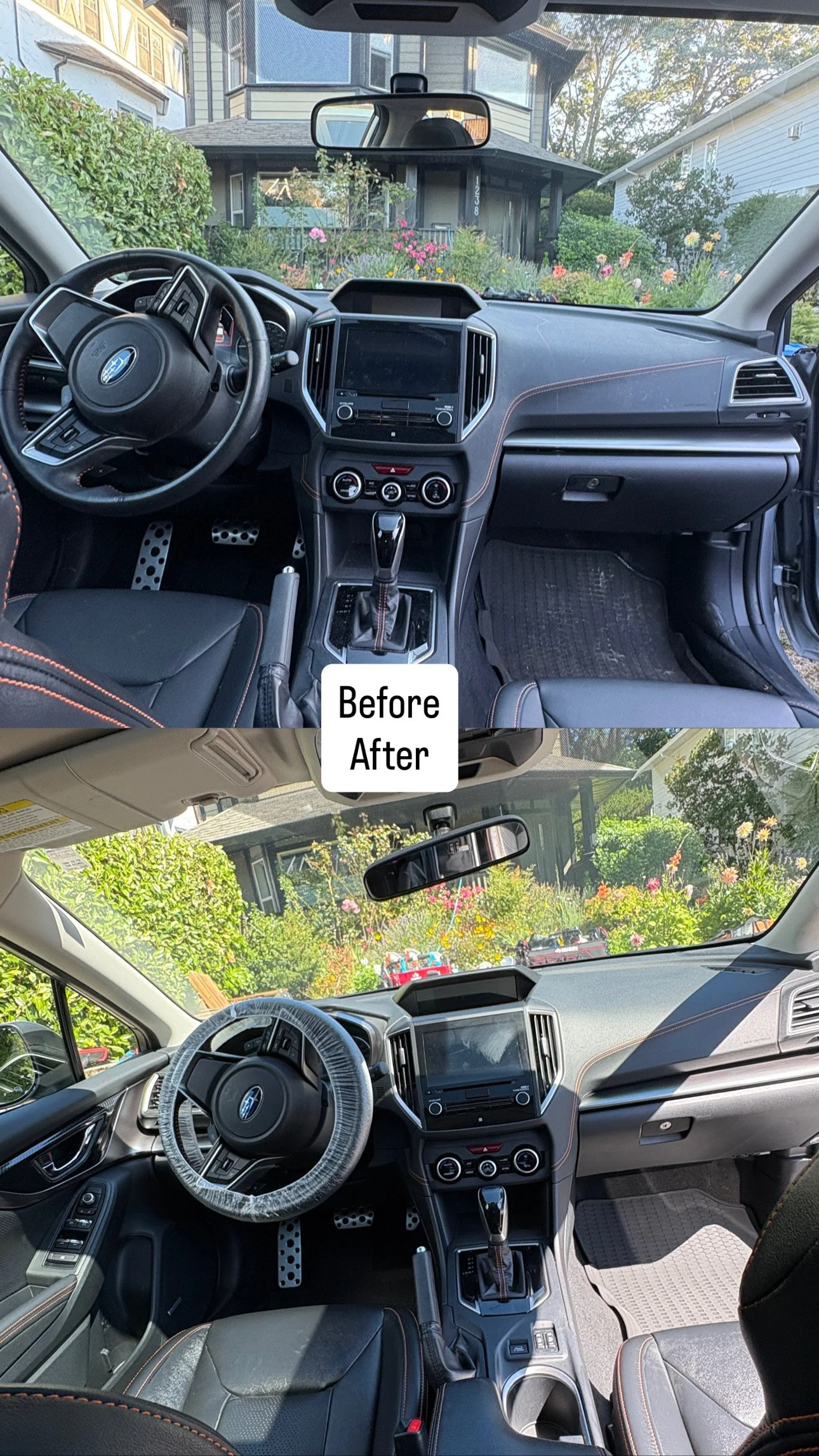 Comparison of a car interior before and after installing a steering wheel cover, with the top image showing a plain steering wheel and the bottom image showing a wrapped steering wheel.