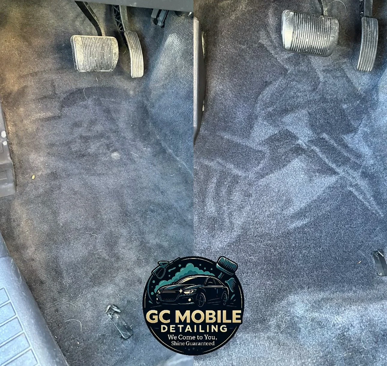 The interior driver's side floor of a vehicle with three pedals: clutch, brake, and accelerator, along with a GC Mobile Detailing sticker at the bottom center.