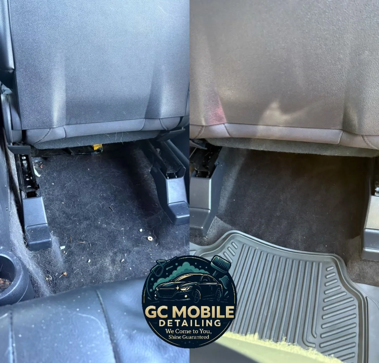 Before and after comparison of a car's rear passenger footwell, showing a dirty area on the left and a clean area on the right after detailing. The images include black carpet with dirt and debris before cleaning, and a spotless, vacuumed surface after cleaning, with a gray rubber floor mat included.