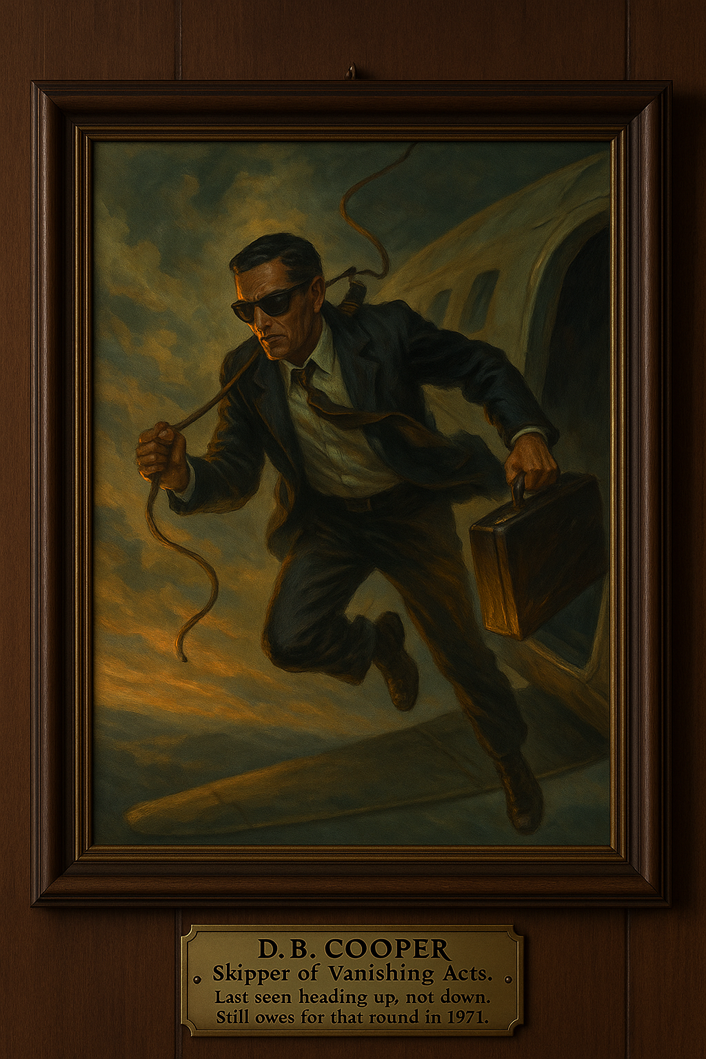A framed painting of D.B. Cooper in a suit and sunglasses, parachuting from an airplane with a briefcase, against a cloudy sky background.