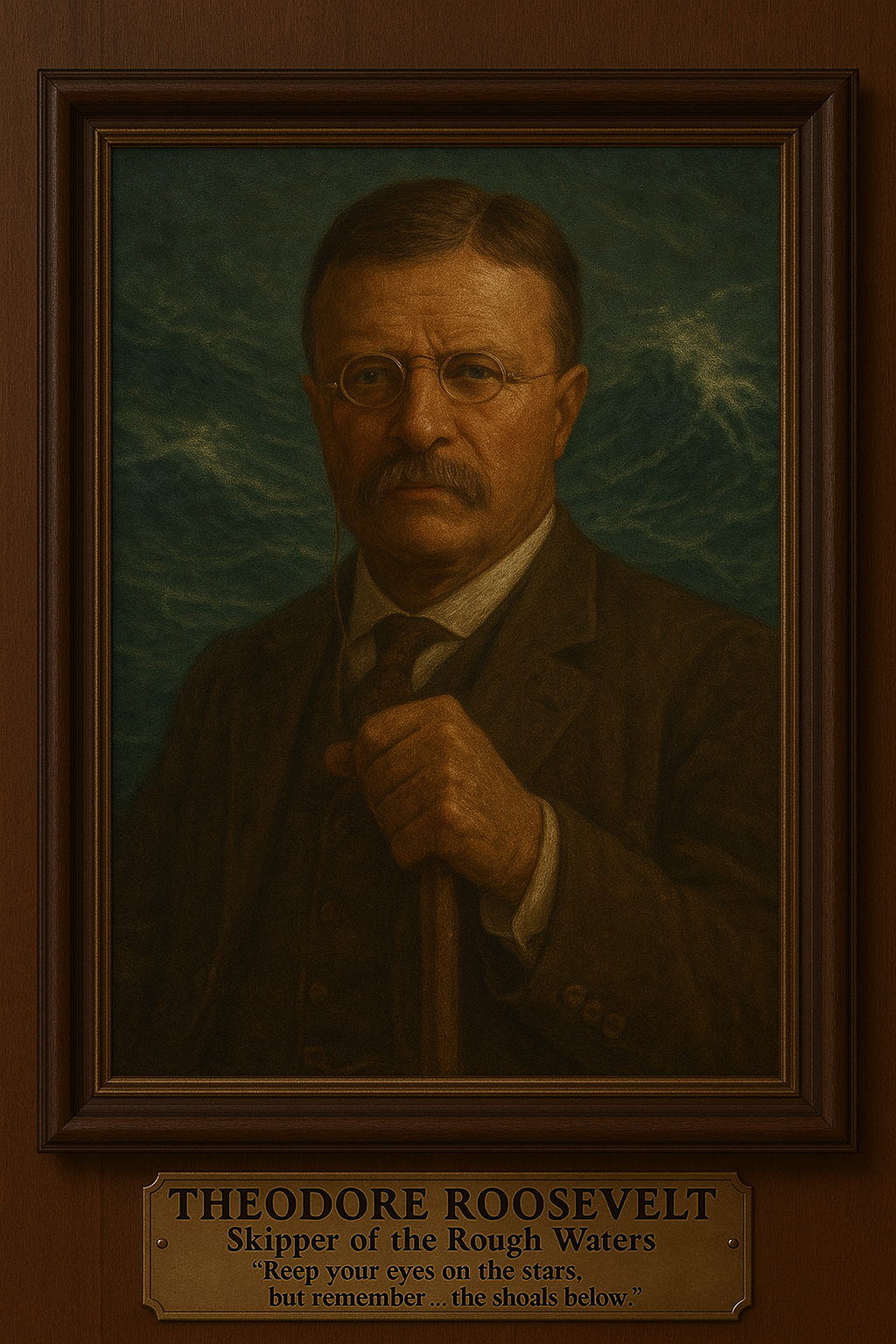 Painting of Theodore Roosevelt, labeled as Skipper of the Rough Waters, with a quote below about stars and shoals.