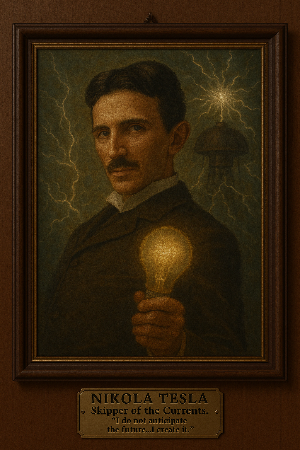 A portrait of Nikola Tesla holding a glowing light bulb, with lightning in the background and a sign below identifying him as 'Nikola Tesla, Skipper of the Currents,' with a quote: 'I do not anticipate the future...I create it.'