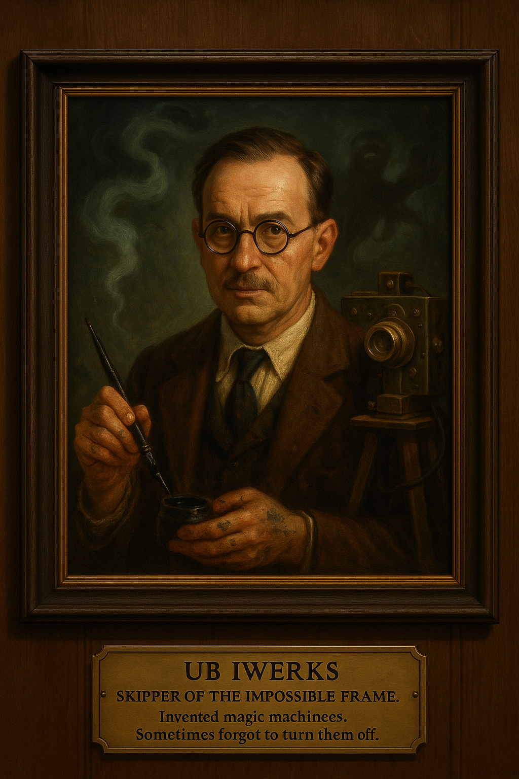 A painting of a man with glasses, holding a fountain pen and ink, standing next to an antique camera, with a dark background of swirling smoke. There is a plaque beneath the portrait that reads, "UB IWERKS, SKIPPER OF THE IMPOSSIBLE FRAME, Invented m